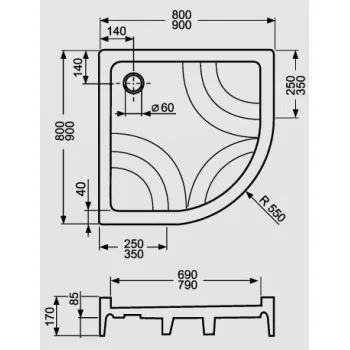 Dušo padėklas Roth HAWAII-P pusapvalis 800x800, baltas
